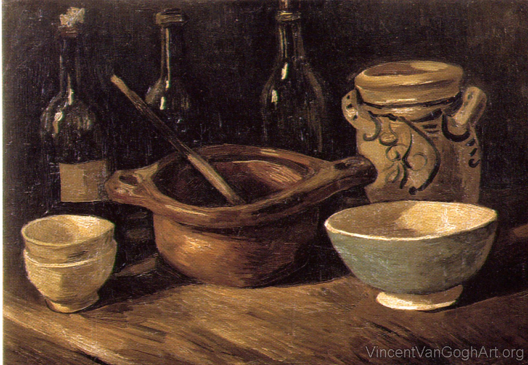 Still Life with Pottery and Three Bottles